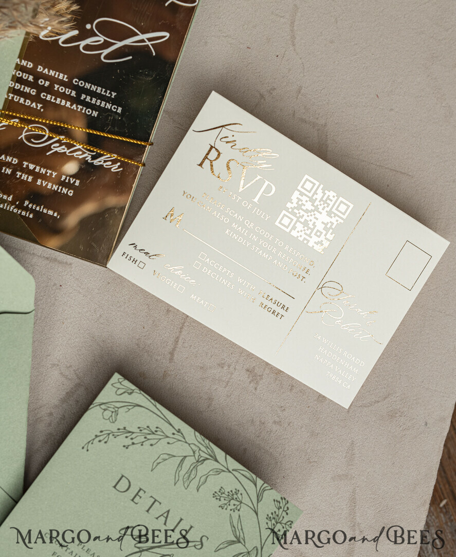 WEDDING INVITATIONS plexi acrylic mirror Sage Green Mirror gold Wedding Invitations, Elegant Garden Wedding Cards, Greenery Acrylic  Wedding Invites, Mirror Gold Plexi Wedding Invitation Suite
