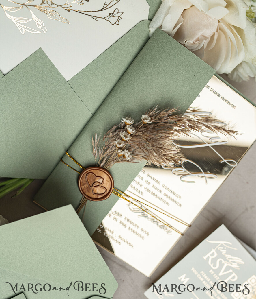 WEDDING INVITATIONS plexi acrylic mirror Sage Green Mirror gold Wedding Invitations, Elegant Garden Wedding Cards, Greenery Acrylic  Wedding Invites, Mirror Gold Plexi Wedding Invitation Suite