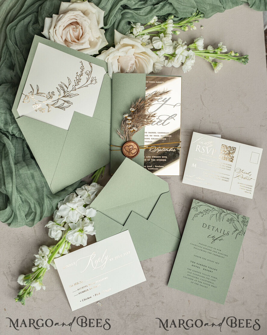 WEDDING INVITATIONS plexi acrylic mirror Sage Green Mirror gold Wedding Invitations, Elegant Garden Wedding Cards, Greenery Acrylic  Wedding Invites, Mirror Gold Plexi Wedding Invitation Suite