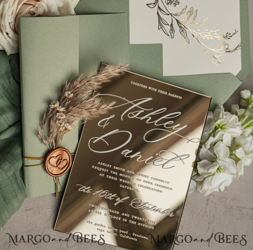 WEDDING INVITATIONS plexi acrylic mirror Sage Green Mirror gold Wedding Invitations, Elegant Garden Wedding Cards, Greenery Acrylic  Wedding Invites, Mirror Gold Plexi Wedding Invitation Suite