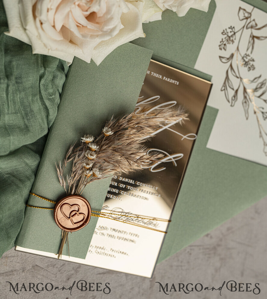WEDDING INVITATIONS plexi acrylic mirror Sage Green Mirror gold Wedding Invitations, Elegant Garden Wedding Cards, Greenery Acrylic  Wedding Invites, Mirror Gold Plexi Wedding Invitation Suite