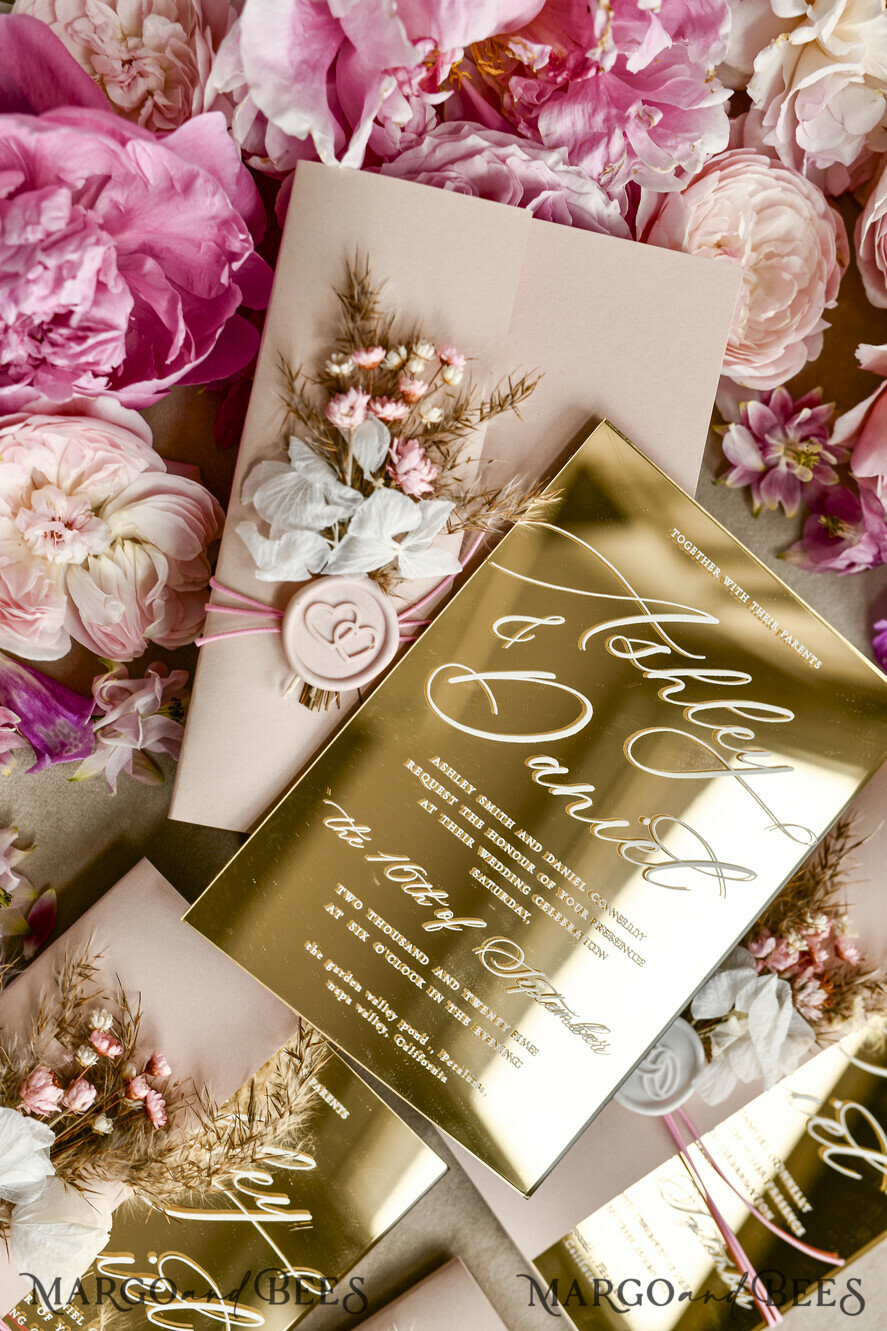 WEDDING INVITATIONS plexi acrylic mirror Gold Mirror Acrylic Wedding Invitations – Luxury Plexiglass Wedding Invitation Suite with Wax Seal & QR RSVP