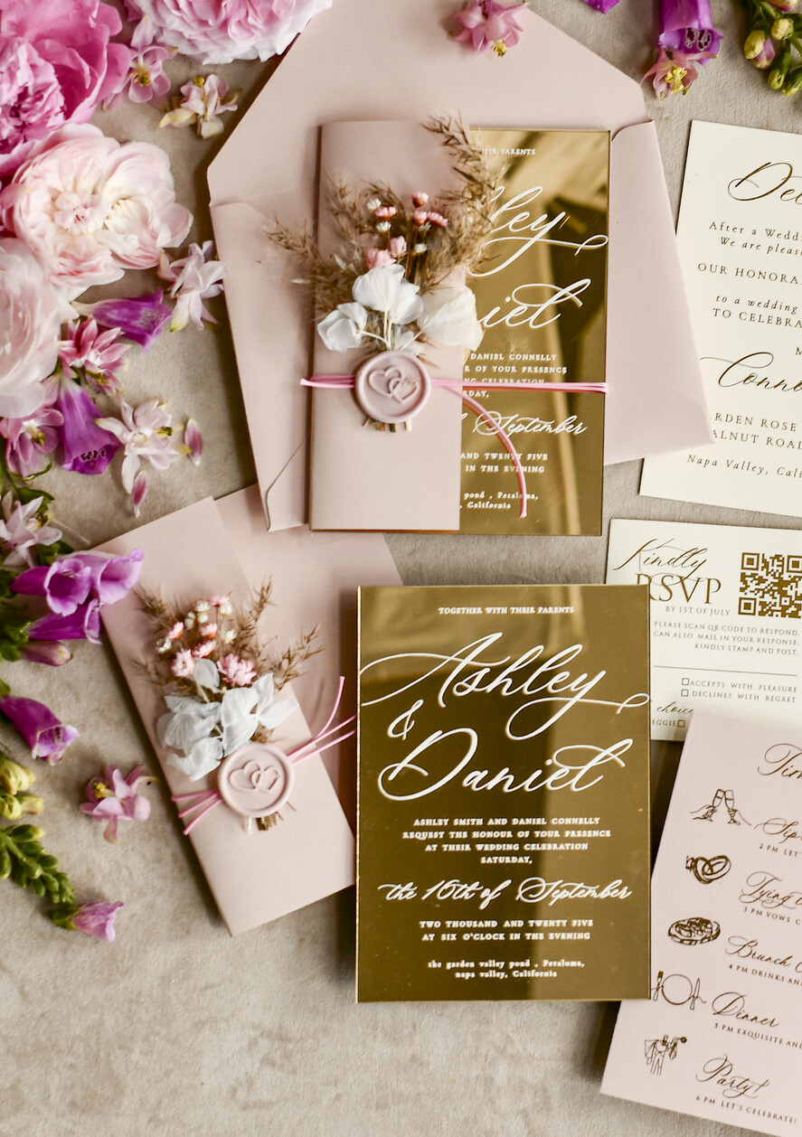WEDDING INVITATIONS plexi acrylic mirror Gold Mirror Acrylic Wedding Invitations – Luxury Plexiglass Wedding Invitation Suite with Wax Seal & QR RSVP
