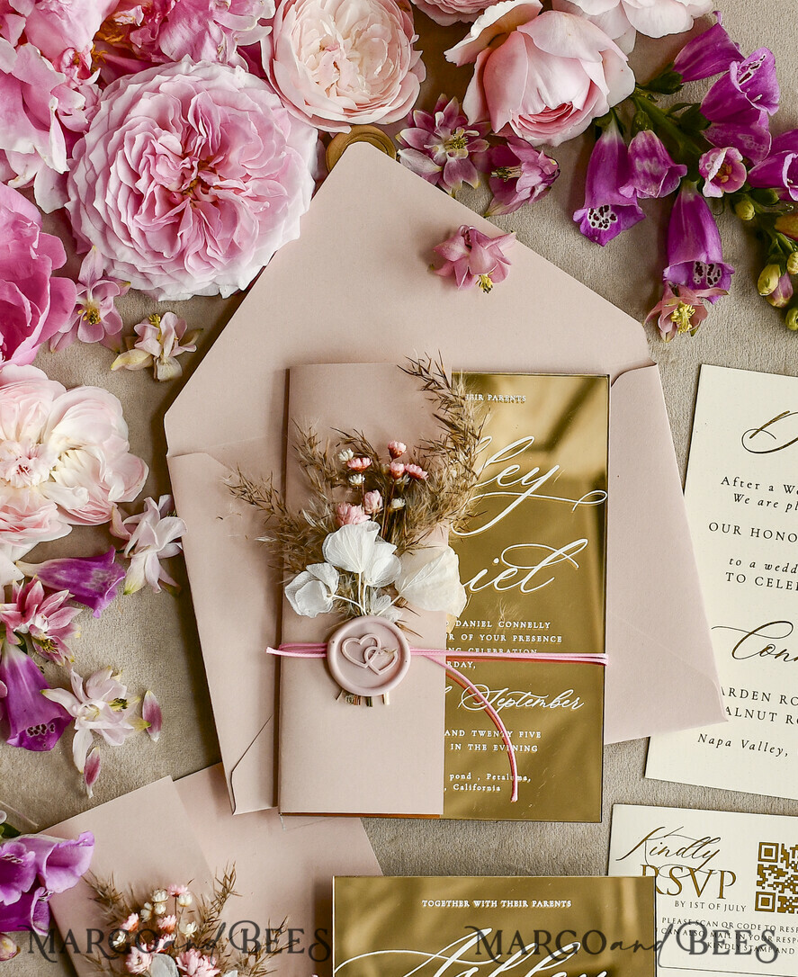 WEDDING INVITATIONS plexi acrylic mirror Gold Mirror Acrylic Wedding Invitations – Luxury Plexiglass Wedding Invitation Suite with Wax Seal & QR RSVP
