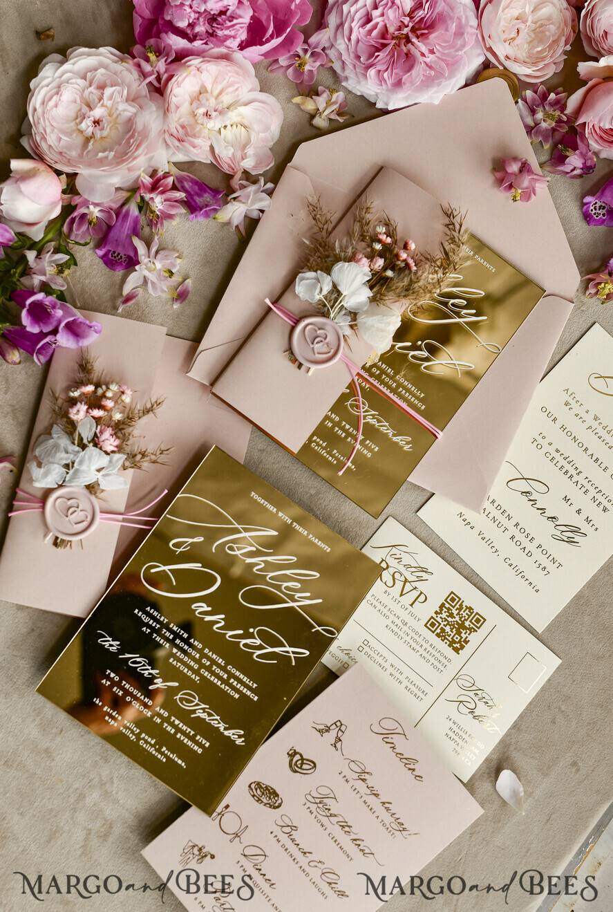 WEDDING INVITATIONS plexi acrylic mirror Gold Mirror Acrylic Wedding Invitations – Luxury Plexiglass Wedding Invitation Suite with Wax Seal & QR RSVP