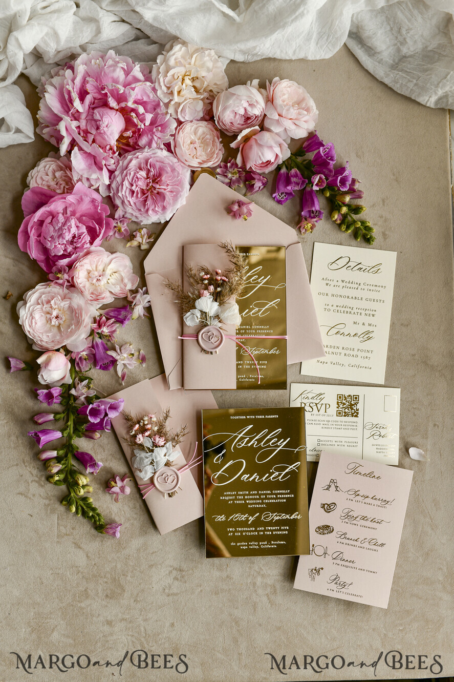 WEDDING INVITATIONS plexi acrylic mirror Gold Mirror Acrylic Wedding Invitations – Luxury Plexiglass Wedding Invitation Suite with Wax Seal & QR RSVP