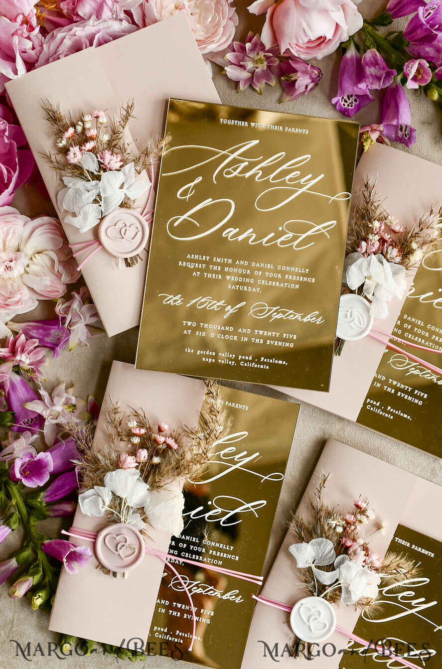 WEDDING INVITATIONS plexi acrylic mirror Gold Mirror Acrylic Wedding Invitations – Luxury Plexiglass Wedding Invitation Suite with Wax Seal & QR RSVP