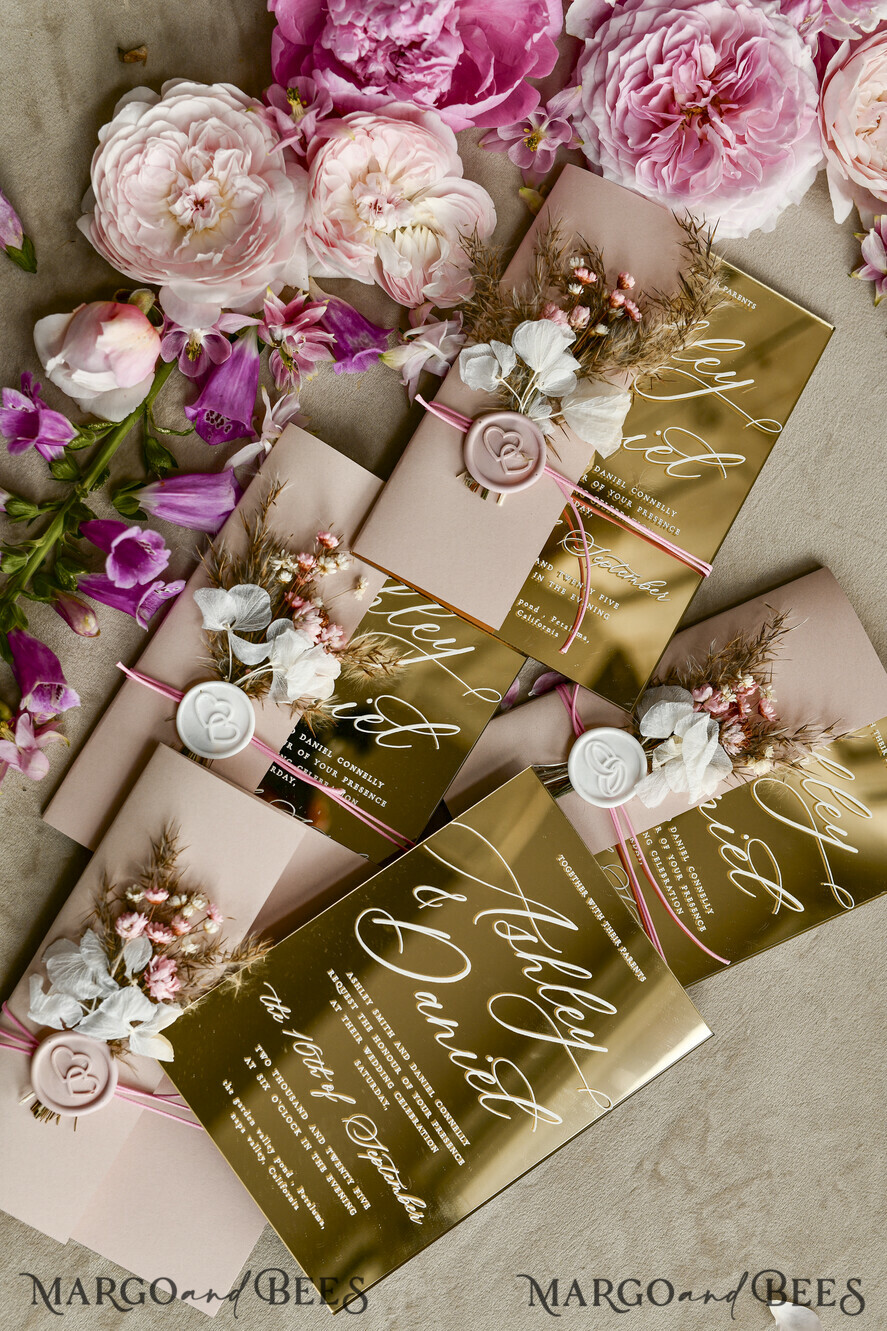 WEDDING INVITATIONS plexi acrylic mirror Gold Mirror Acrylic Wedding Invitations – Luxury Plexiglass Wedding Invitation Suite with Wax Seal & QR RSVP