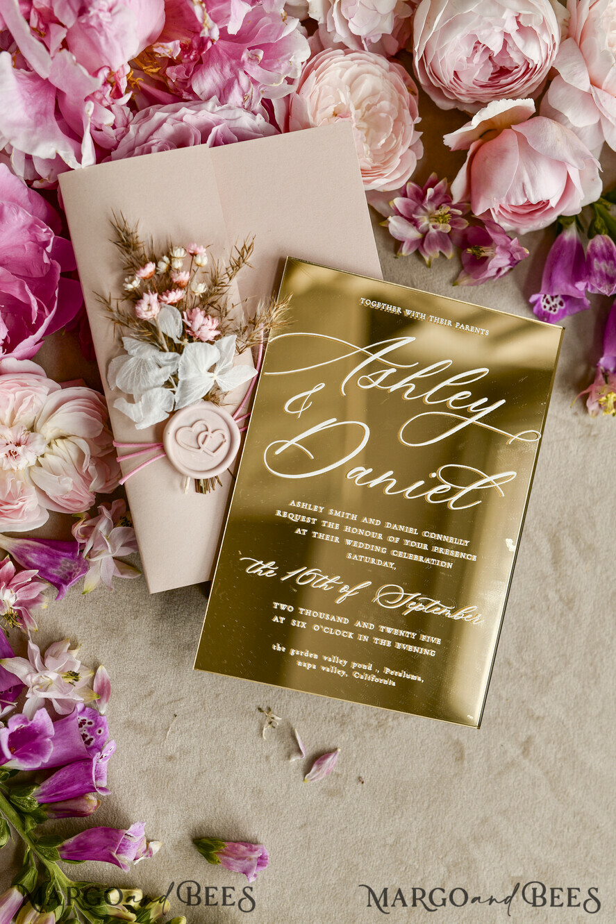 WEDDING INVITATIONS plexi acrylic mirror Gold Mirror Acrylic Wedding Invitations – Luxury Plexiglass Wedding Invitation Suite with Wax Seal & QR RSVP