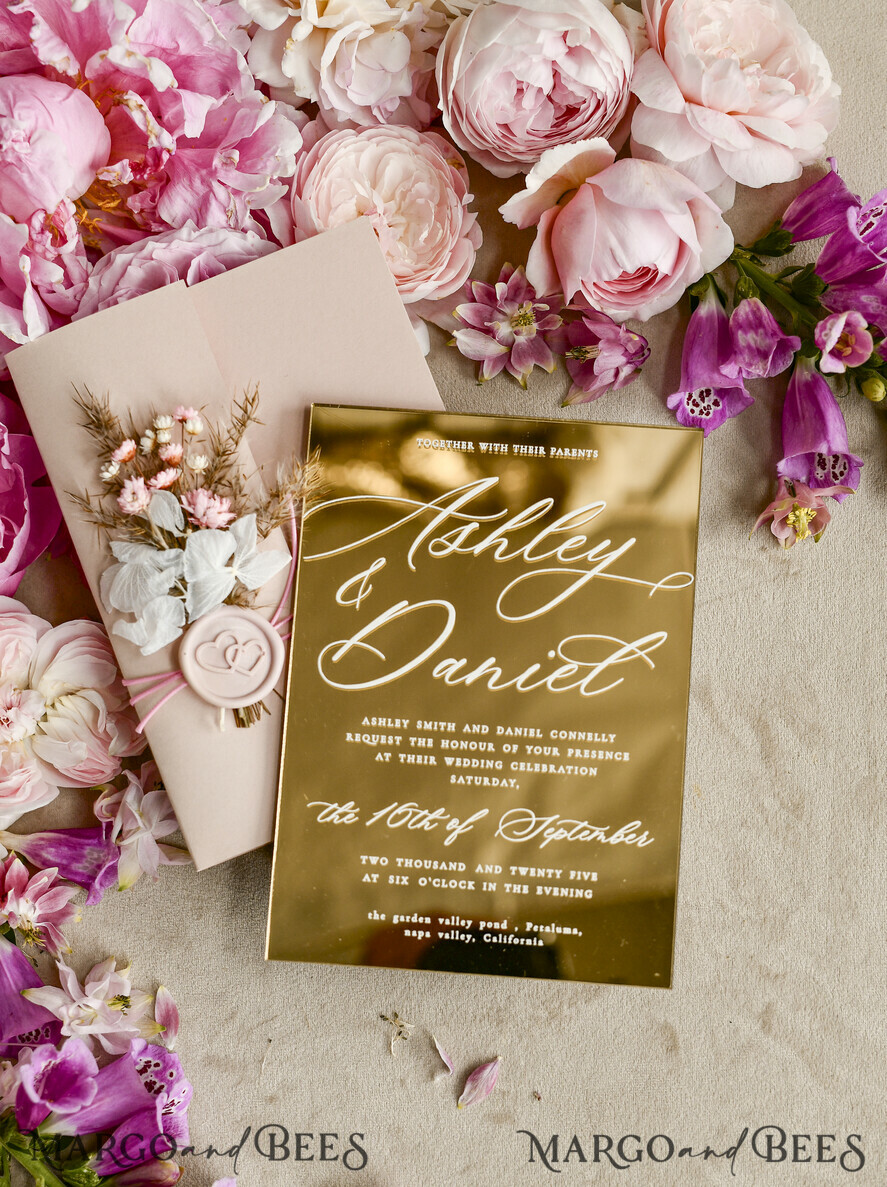 WEDDING INVITATIONS plexi acrylic mirror Gold Mirror Acrylic Wedding Invitations – Luxury Plexiglass Wedding Invitation Suite with Wax Seal & QR RSVP