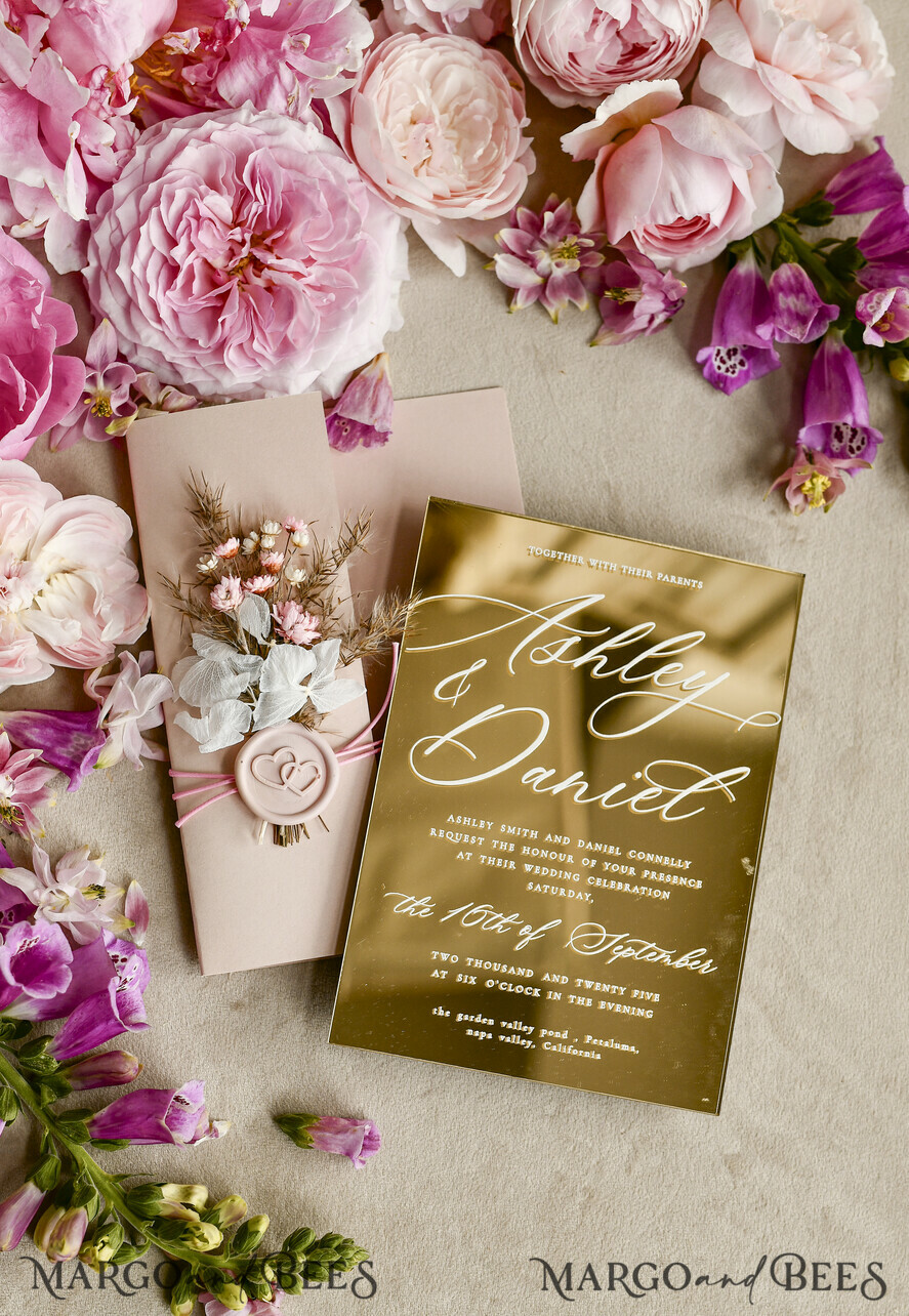 WEDDING INVITATIONS plexi acrylic mirror Gold Mirror Acrylic Wedding Invitations – Luxury Plexiglass Wedding Invitation Suite with Wax Seal & QR RSVP