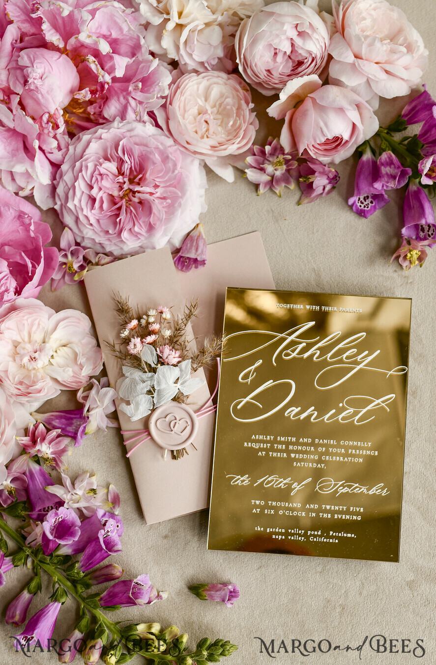 WEDDING INVITATIONS plexi acrylic mirror Gold Mirror Acrylic Wedding Invitations – Luxury Plexiglass Wedding Invitation Suite with Wax Seal & QR RSVP