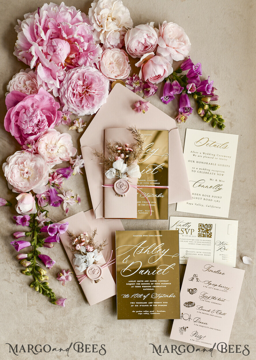 WEDDING INVITATIONS plexi acrylic mirror Gold Mirror Acrylic Wedding Invitations – Luxury Plexiglass Wedding Invitation Suite with Wax Seal & QR RSVP