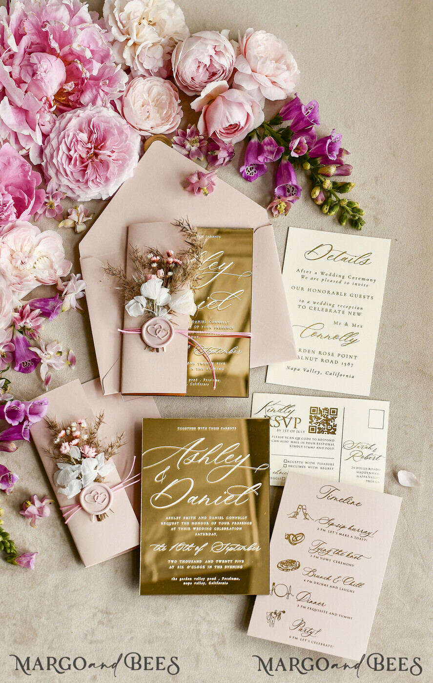 WEDDING INVITATIONS plexi acrylic mirror Gold Mirror Acrylic Wedding Invitations – Luxury Plexiglass Wedding Invitation Suite with Wax Seal & QR RSVP