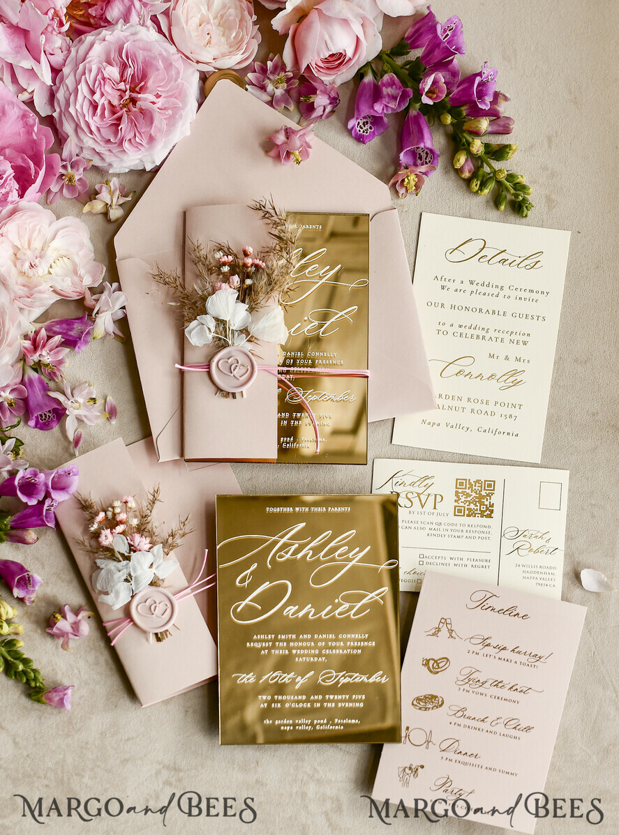 WEDDING INVITATIONS plexi acrylic mirror Gold Mirror Acrylic Wedding Invitations – Luxury Plexiglass Wedding Invitation Suite with Wax Seal & QR RSVP