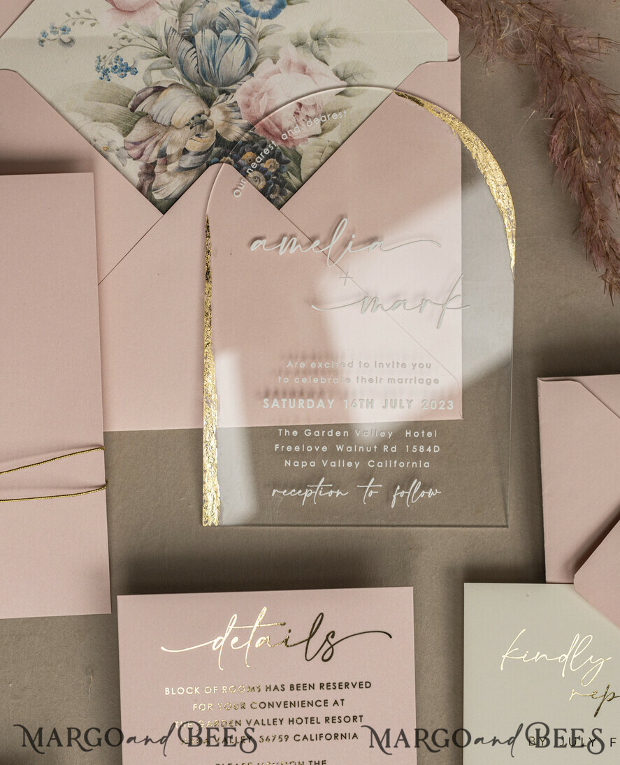 WEDDING INVITATIONS plexi acrylic mirror Blush Pink Clear Arched Wedding Invitations, Elegant Garden Wedding Cards, Nude Acrylic transparent  Wedding Invites,  Arch Plexi Wedding Invitation Suite