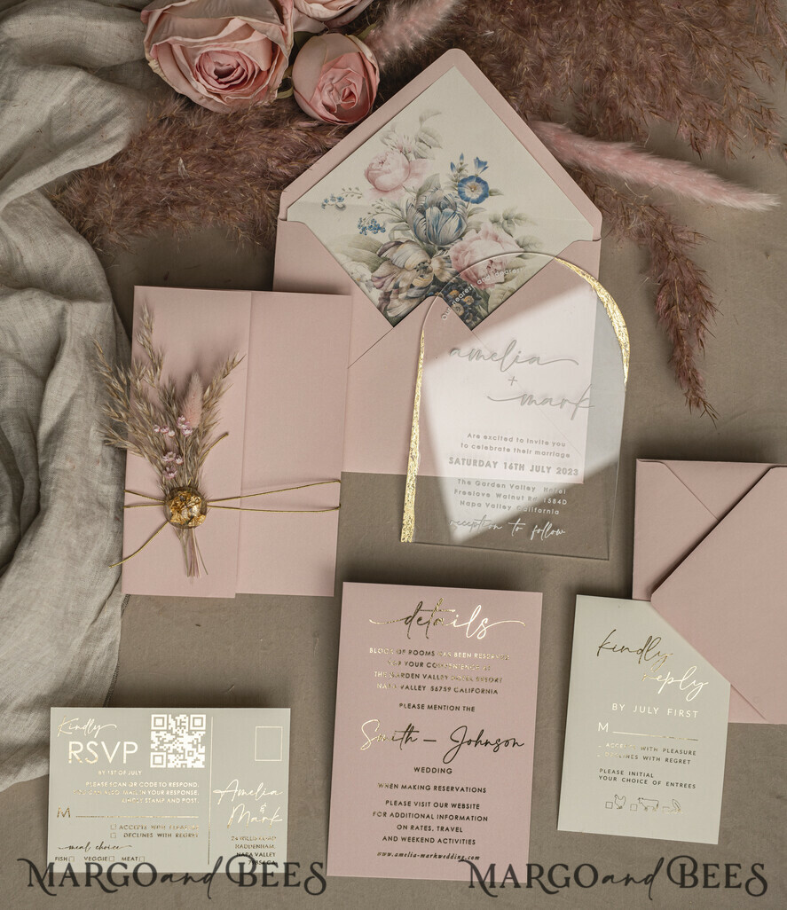 WEDDING INVITATIONS plexi acrylic mirror Blush Pink Clear Arched Wedding Invitations, Elegant Garden Wedding Cards, Nude Acrylic transparent  Wedding Invites,  Arch Plexi Wedding Invitation Suite