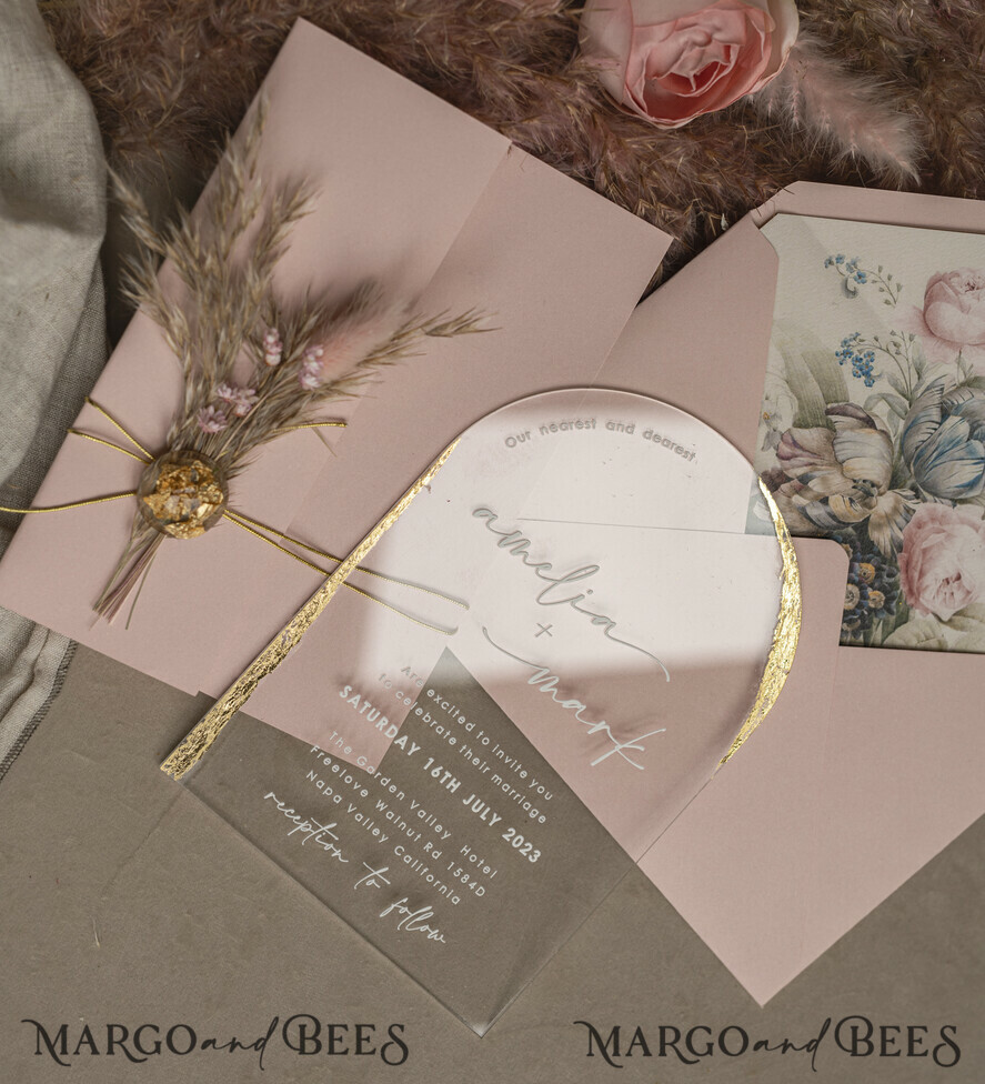 WEDDING INVITATIONS plexi acrylic mirror Blush Pink Clear Arched Wedding Invitations, Elegant Garden Wedding Cards, Nude Acrylic transparent  Wedding Invites,  Arch Plexi Wedding Invitation Suite
