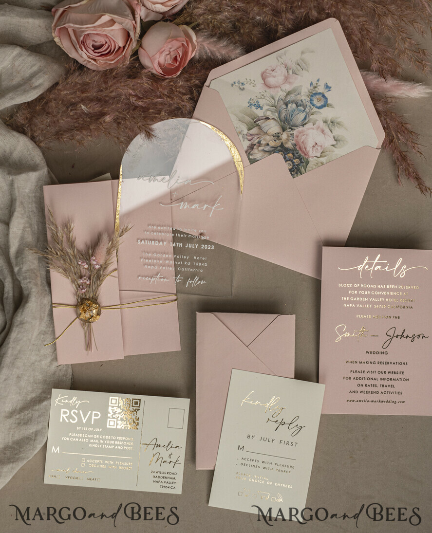 WEDDING INVITATIONS plexi acrylic mirror Blush Pink Clear Arched Wedding Invitations, Elegant Garden Wedding Cards, Nude Acrylic transparent  Wedding Invites,  Arch Plexi Wedding Invitation Suite