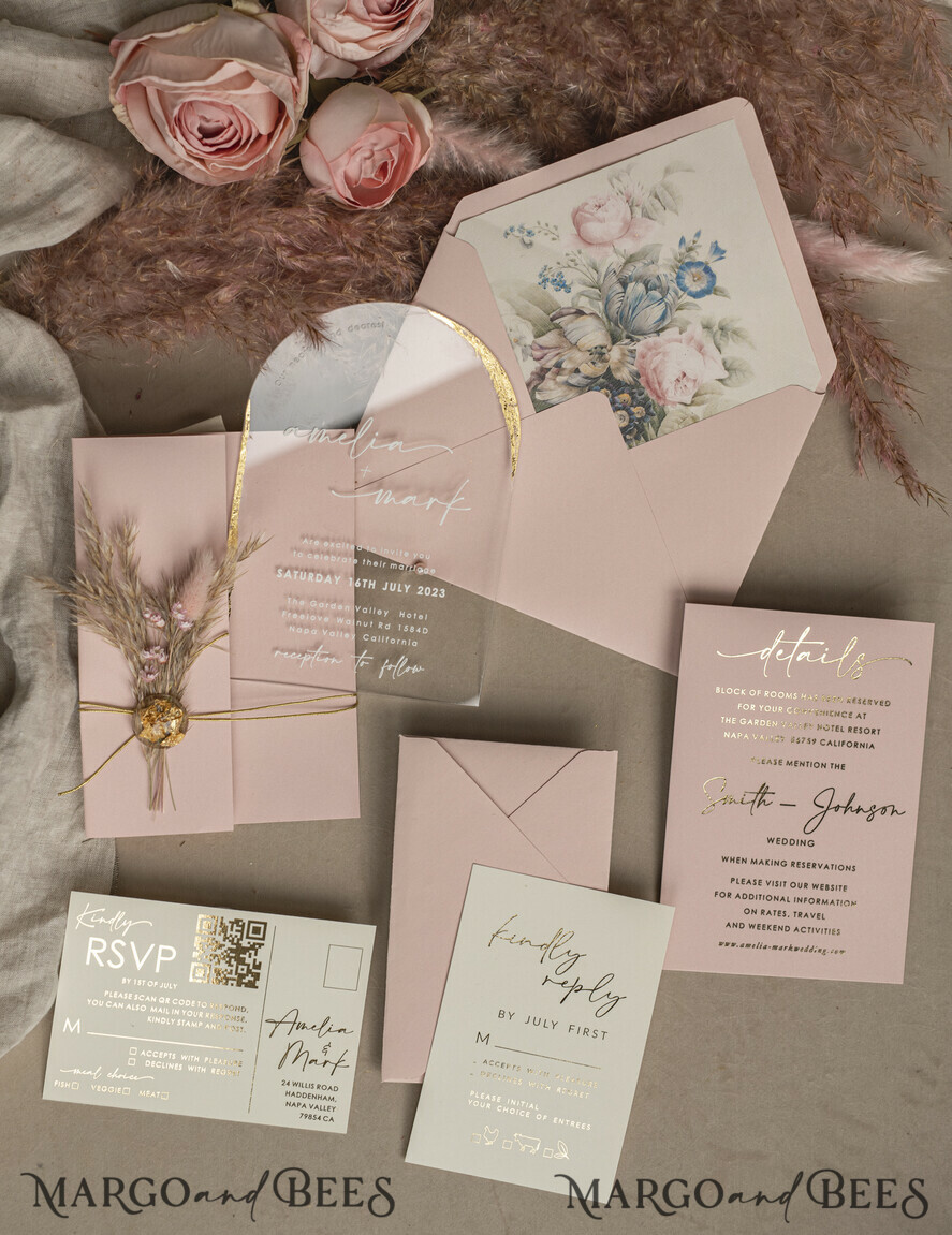 WEDDING INVITATIONS plexi acrylic mirror Blush Pink Clear Arched Wedding Invitations, Elegant Garden Wedding Cards, Nude Acrylic transparent  Wedding Invites,  Arch Plexi Wedding Invitation Suite