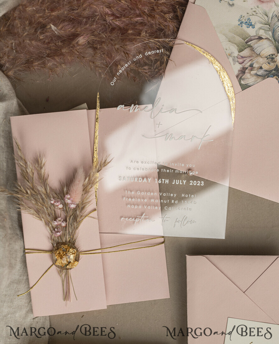 WEDDING INVITATIONS plexi acrylic mirror Blush Pink Clear Arched Wedding Invitations, Elegant Garden Wedding Cards, Nude Acrylic transparent  Wedding Invites,  Arch Plexi Wedding Invitation Suite