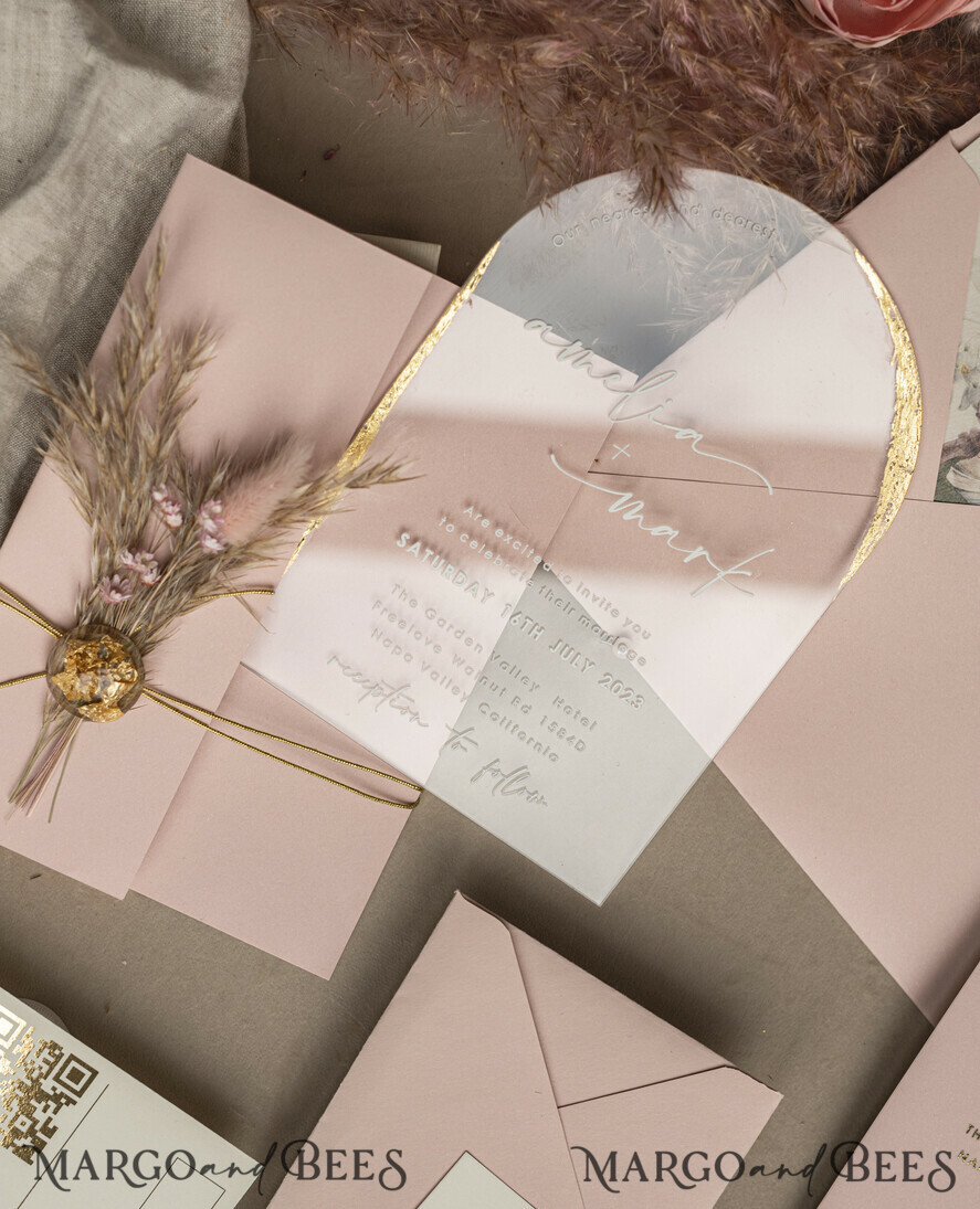 WEDDING INVITATIONS plexi acrylic mirror Blush Pink Clear Arched Wedding Invitations, Elegant Garden Wedding Cards, Nude Acrylic transparent  Wedding Invites,  Arch Plexi Wedding Invitation Suite