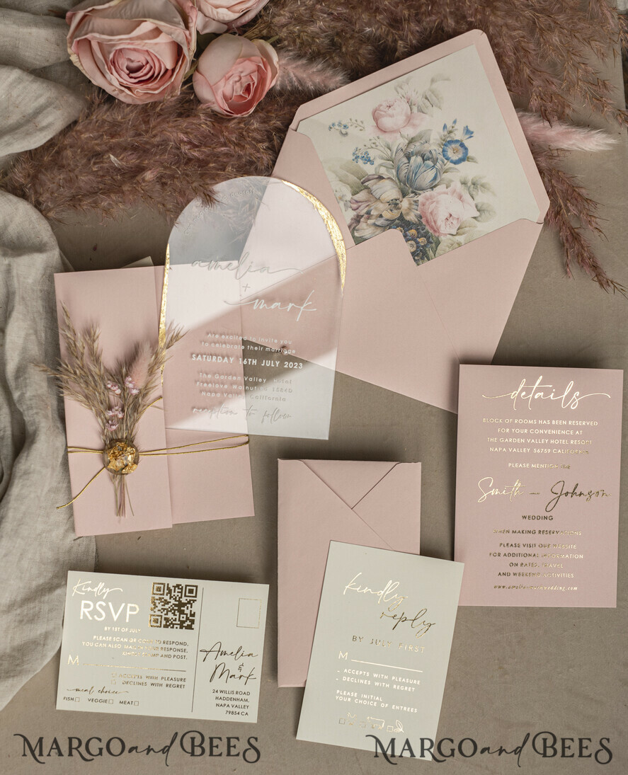 WEDDING INVITATIONS plexi acrylic mirror Blush Pink Clear Arched Wedding Invitations, Elegant Garden Wedding Cards, Nude Acrylic transparent  Wedding Invites,  Arch Plexi Wedding Invitation Suite