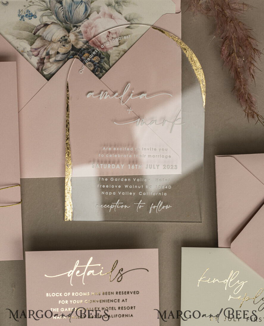 WEDDING INVITATIONS plexi acrylic mirror Blush Pink Clear Arched Wedding Invitations, Elegant Garden Wedding Cards, Nude Acrylic transparent  Wedding Invites,  Arch Plexi Wedding Invitation Suite