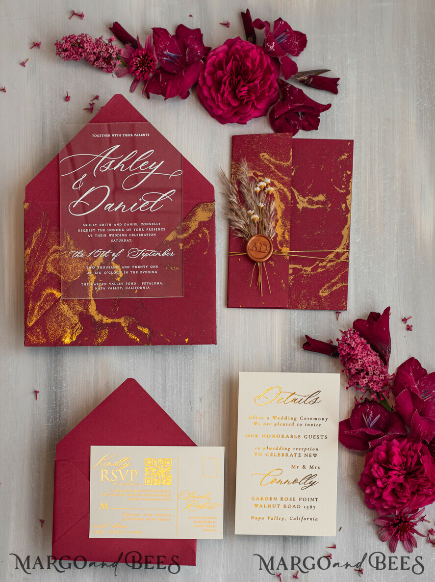 WEDDING INVITATIONS plexi acrylic mirror Burgundy Mirror gold Wedding Invitations, Elegant Marble Wedding Cards, maroon Acrylic Wedding Invites, Pampass Grass Gold Plexi Wedding Invitation Suite