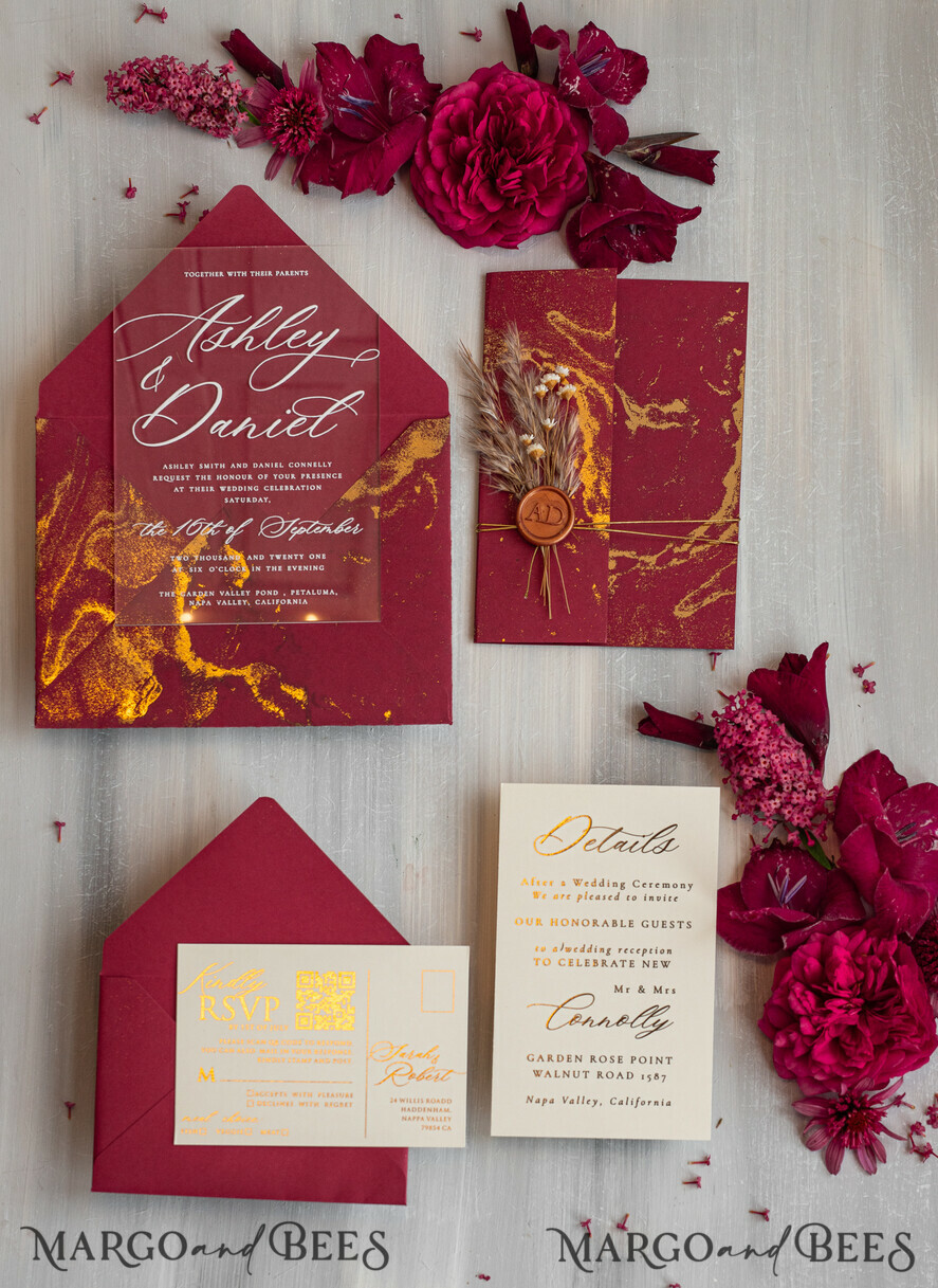 WEDDING INVITATIONS plexi acrylic mirror Burgundy Mirror gold Wedding Invitations, Elegant Marble Wedding Cards, maroon Acrylic Wedding Invites, Pampass Grass Gold Plexi Wedding Invitation Suite