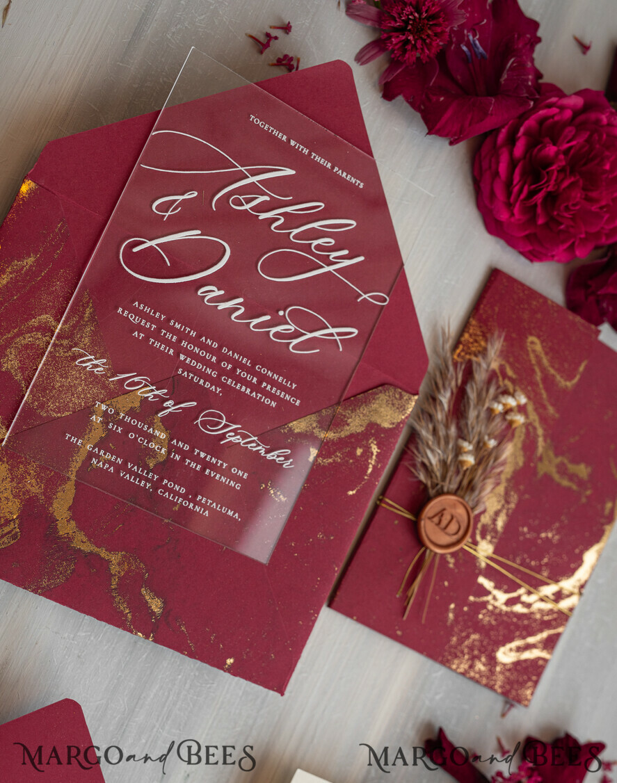 WEDDING INVITATIONS plexi acrylic mirror Burgundy Mirror gold Wedding Invitations, Elegant Marble Wedding Cards, maroon Acrylic Wedding Invites, Pampass Grass Gold Plexi Wedding Invitation Suite