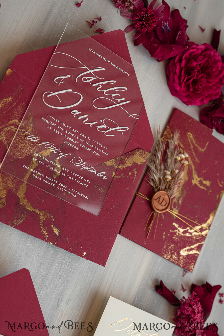 WEDDING INVITATIONS plexi acrylic mirror Burgundy Mirror gold Wedding Invitations, Elegant Marble Wedding Cards, maroon Acrylic Wedding Invites, Pampass Grass Gold Plexi Wedding Invitation Suite