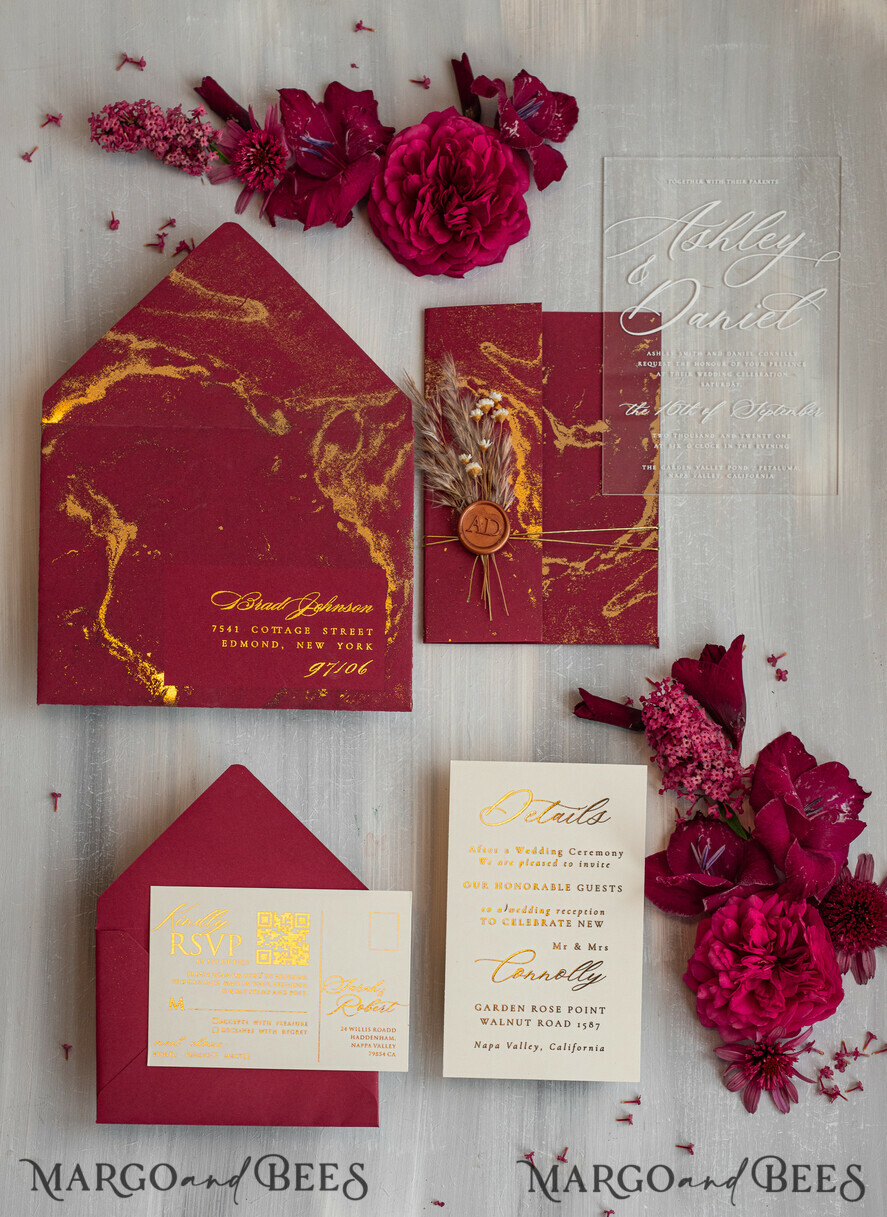 WEDDING INVITATIONS plexi acrylic mirror Burgundy Mirror gold Wedding Invitations, Elegant Marble Wedding Cards, maroon Acrylic Wedding Invites, Pampass Grass Gold Plexi Wedding Invitation Suite