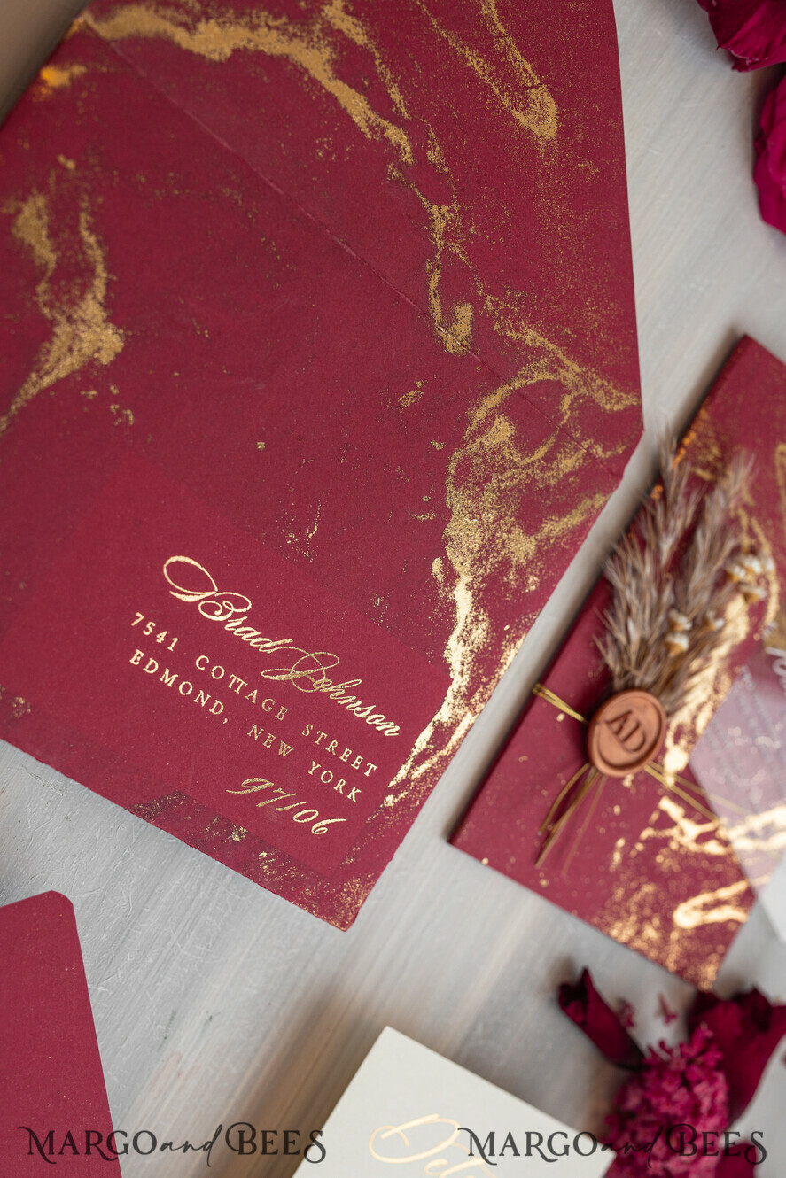 WEDDING INVITATIONS plexi acrylic mirror Burgundy Mirror gold Wedding Invitations, Elegant Marble Wedding Cards, maroon Acrylic Wedding Invites, Pampass Grass Gold Plexi Wedding Invitation Suite