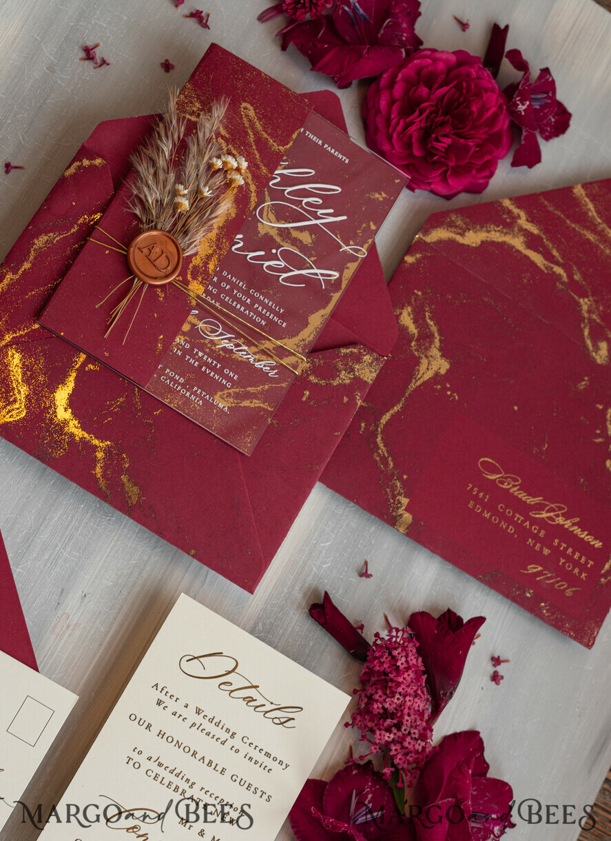 WEDDING INVITATIONS plexi acrylic mirror Burgundy Mirror gold Wedding Invitations, Elegant Marble Wedding Cards, maroon Acrylic Wedding Invites, Pampass Grass Gold Plexi Wedding Invitation Suite