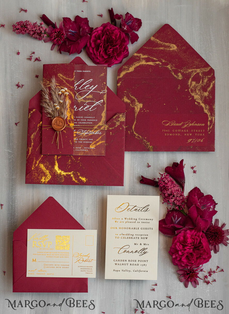 WEDDING INVITATIONS plexi acrylic mirror Burgundy Mirror gold Wedding Invitations, Elegant Marble Wedding Cards, maroon Acrylic Wedding Invites, Pampass Grass Gold Plexi Wedding Invitation Suite
