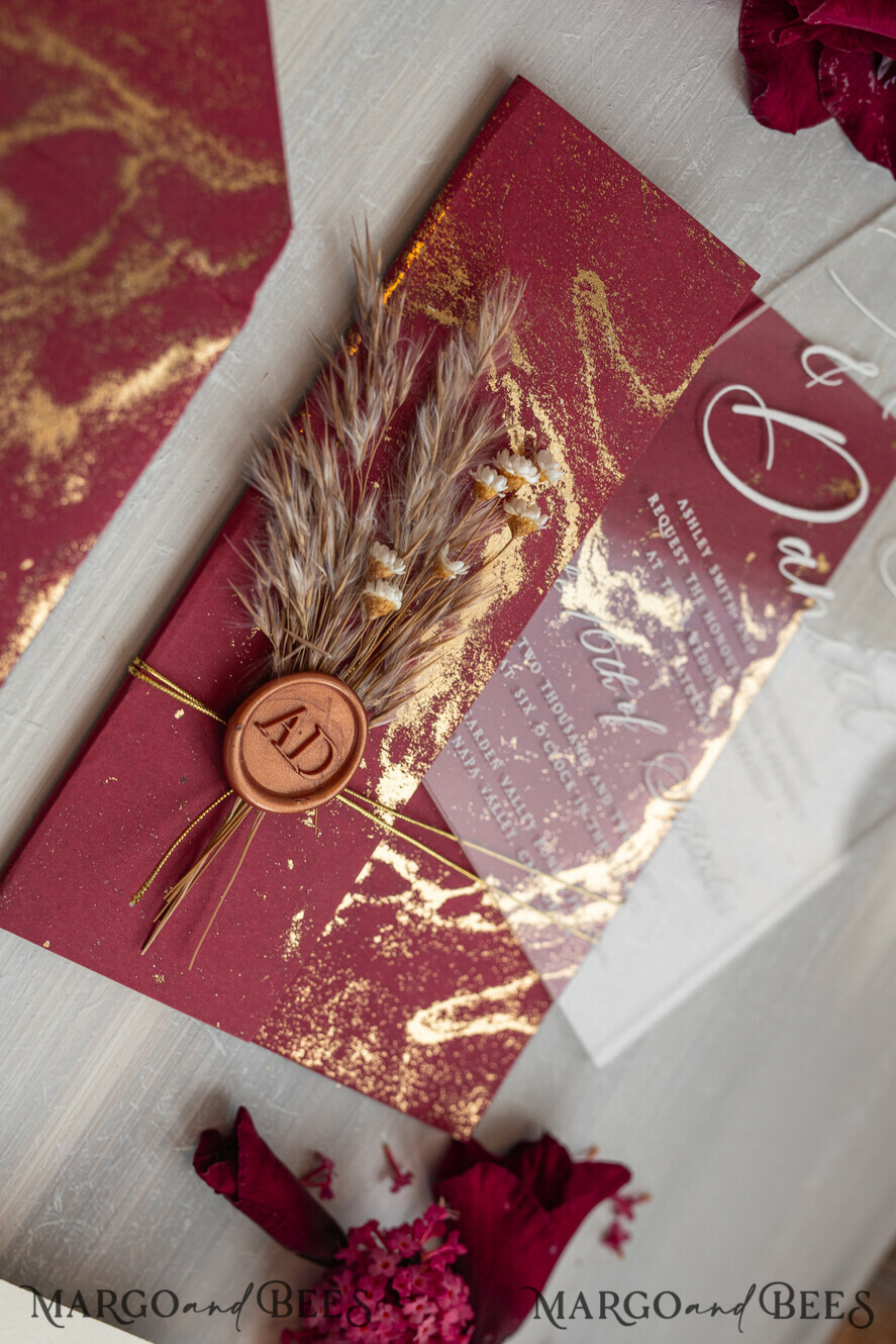 WEDDING INVITATIONS plexi acrylic mirror Burgundy Mirror gold Wedding Invitations, Elegant Marble Wedding Cards, maroon Acrylic Wedding Invites, Pampass Grass Gold Plexi Wedding Invitation Suite