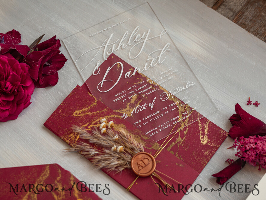 WEDDING INVITATIONS plexi acrylic mirror Burgundy Mirror gold Wedding Invitations, Elegant Marble Wedding Cards, maroon Acrylic Wedding Invites, Pampass Grass Gold Plexi Wedding Invitation Suite