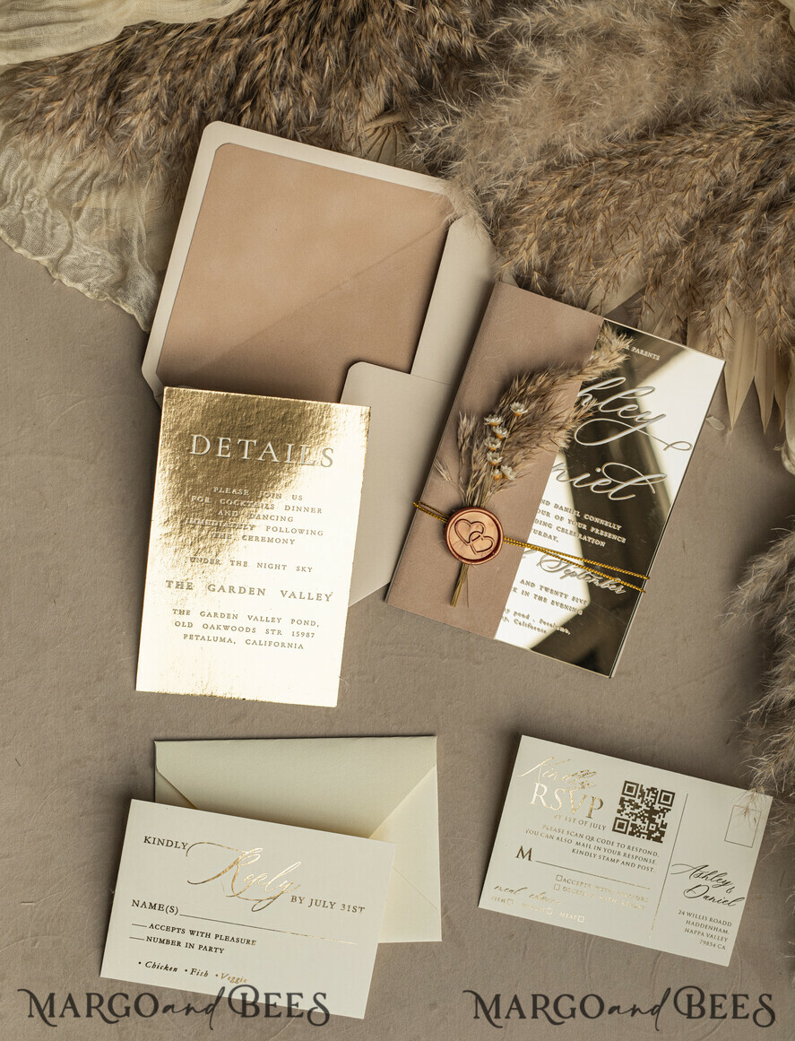 WEDDING INVITATIONS plexi acrylic mirror Beige Mirror gold Wedding Invitations, Elegant Garden Wedding Cards, Nude Acrylic Wedding Invites, Pampass Grass Gold Plexi Wedding Invitation Suite