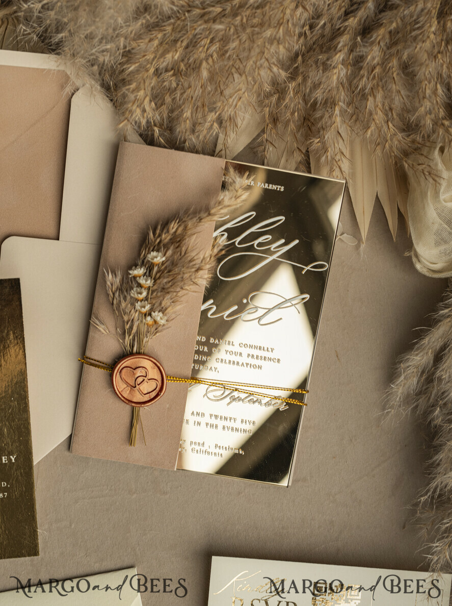 WEDDING INVITATIONS plexi acrylic mirror Beige Mirror gold Wedding Invitations, Elegant Garden Wedding Cards, Nude Acrylic Wedding Invites, Pampass Grass Gold Plexi Wedding Invitation Suite