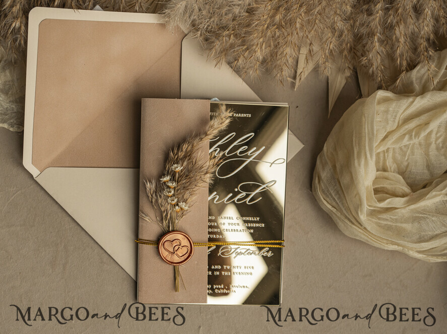 WEDDING INVITATIONS plexi acrylic mirror Beige Mirror gold Wedding Invitations, Elegant Garden Wedding Cards, Nude Acrylic Wedding Invites, Pampass Grass Gold Plexi Wedding Invitation Suite