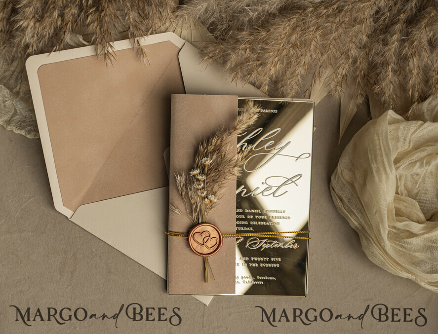 WEDDING INVITATIONS plexi acrylic mirror Beige Mirror gold Wedding Invitations, Elegant Garden Wedding Cards, Nude Acrylic Wedding Invites, Pampass Grass Gold Plexi Wedding Invitation Suite
