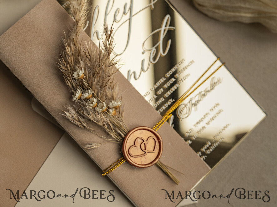WEDDING INVITATIONS plexi acrylic mirror Beige Mirror gold Wedding Invitations, Elegant Garden Wedding Cards, Nude Acrylic Wedding Invites, Pampass Grass Gold Plexi Wedding Invitation Suite