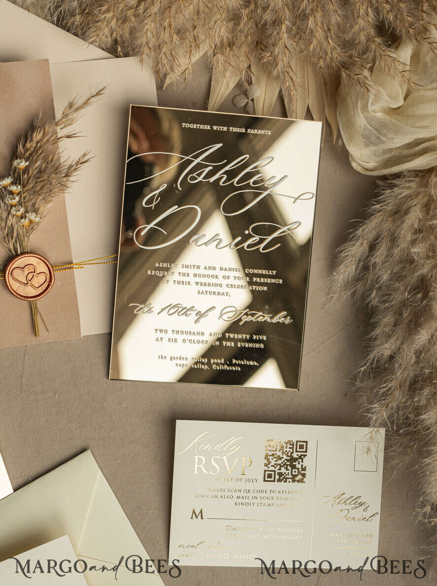 WEDDING INVITATIONS plexi acrylic mirror Beige Mirror gold Wedding Invitations, Elegant Garden Wedding Cards, Nude Acrylic Wedding Invites, Pampass Grass Gold Plexi Wedding Invitation Suite