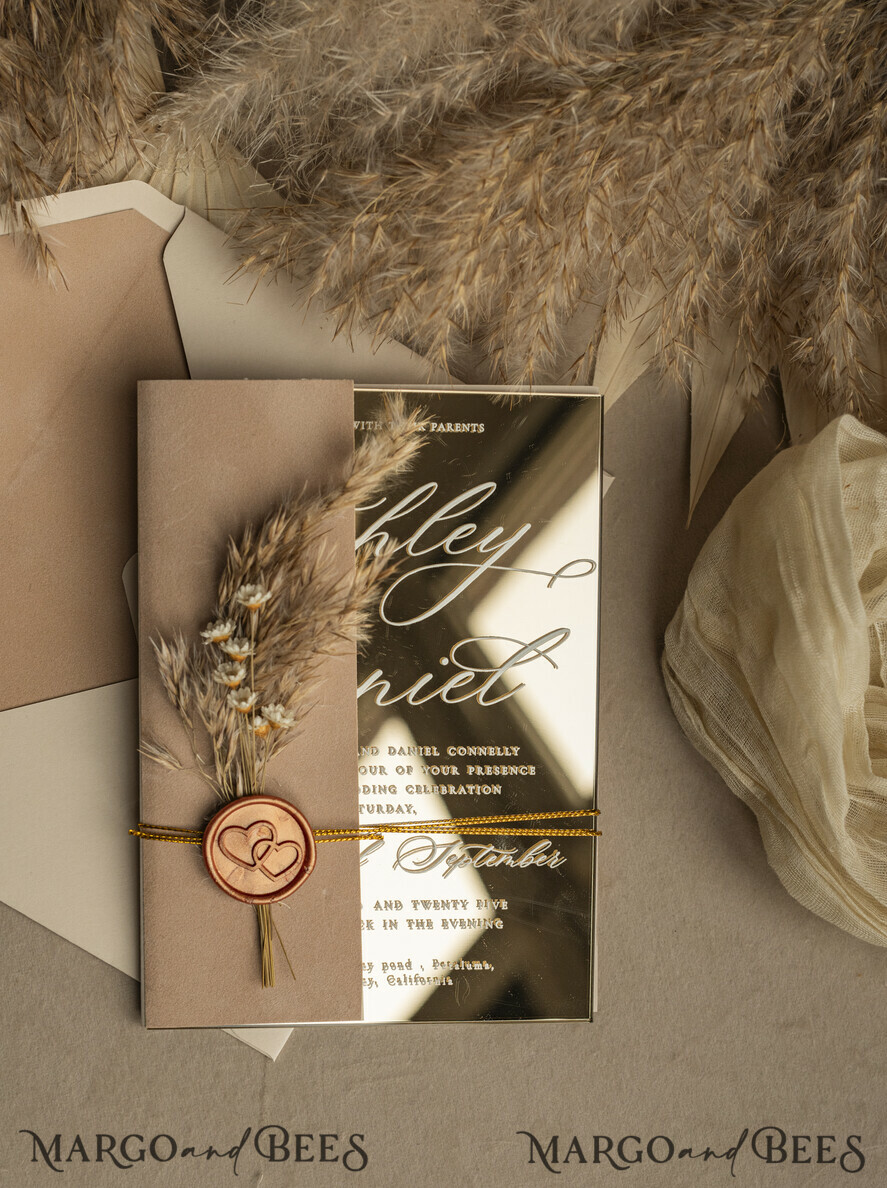 WEDDING INVITATIONS plexi acrylic mirror Beige Mirror gold Wedding Invitations, Elegant Garden Wedding Cards, Nude Acrylic Wedding Invites, Pampass Grass Gold Plexi Wedding Invitation Suite