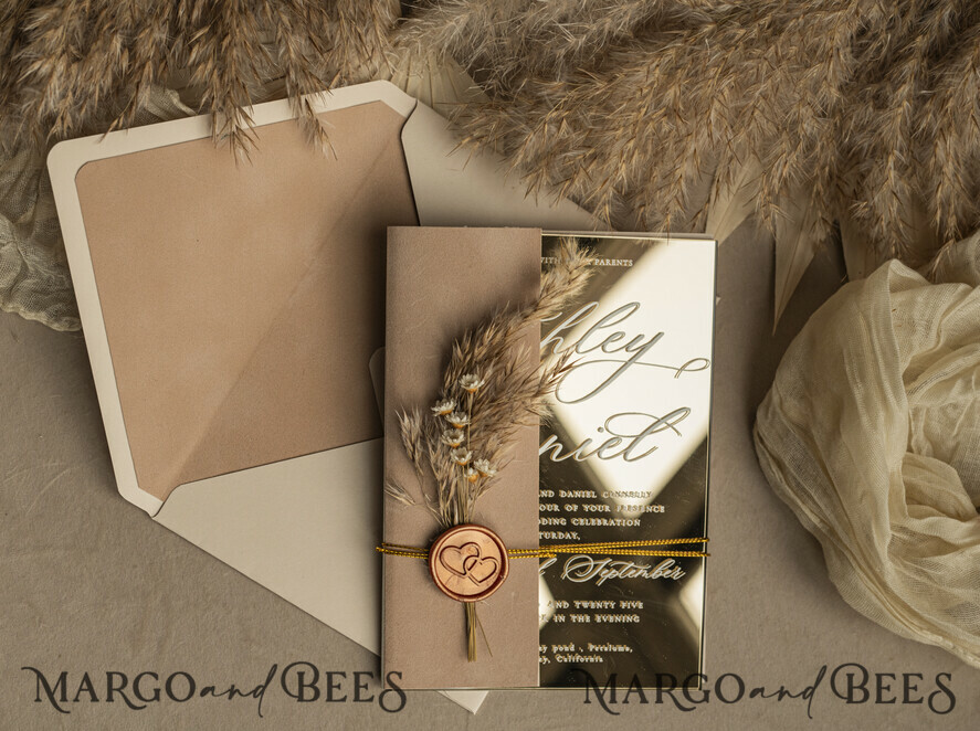 WEDDING INVITATIONS plexi acrylic mirror Beige Mirror gold Wedding Invitations, Elegant Garden Wedding Cards, Nude Acrylic Wedding Invites, Pampass Grass Gold Plexi Wedding Invitation Suite