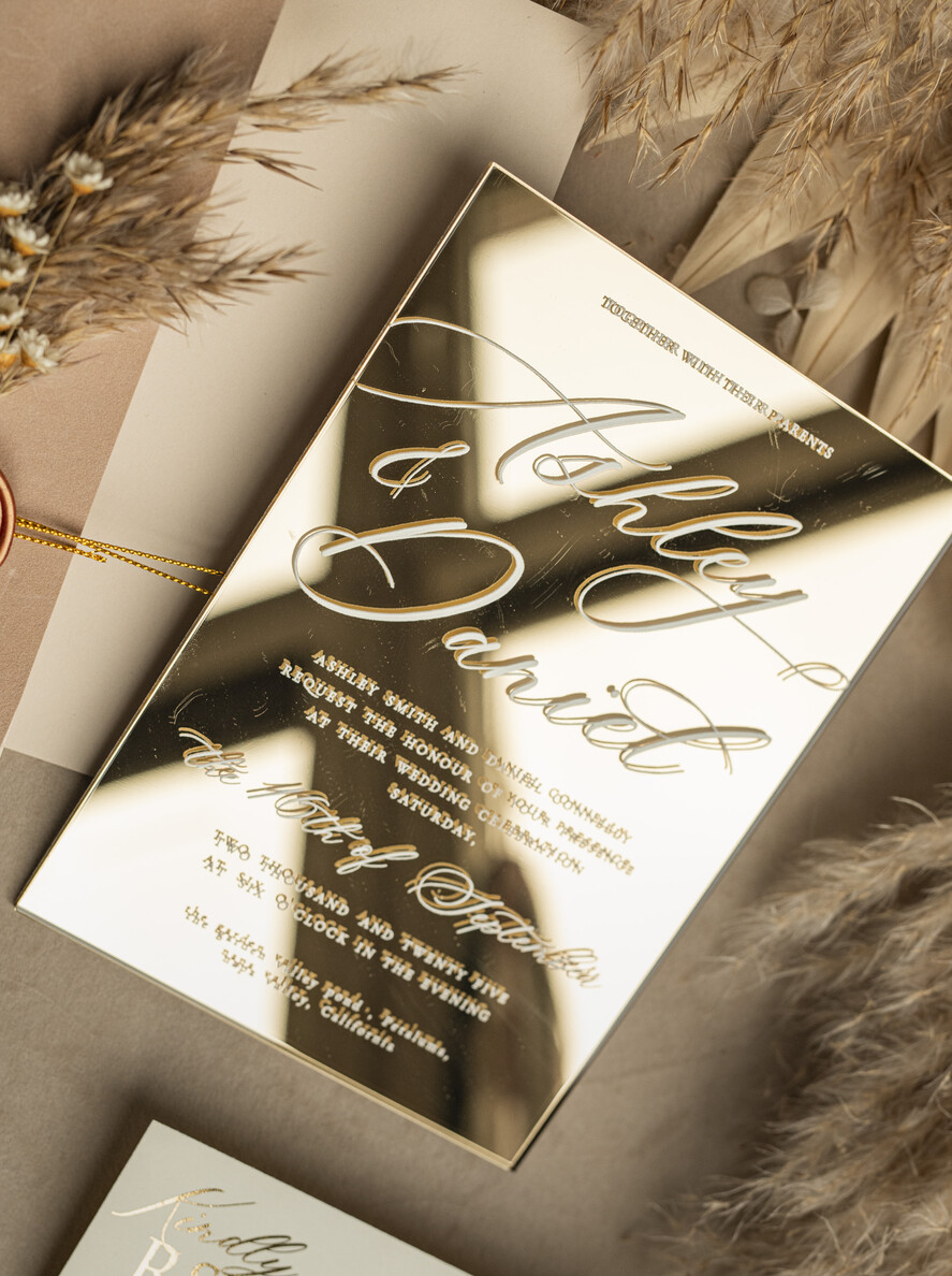WEDDING INVITATIONS plexi acrylic mirror Beige Mirror gold Wedding Invitations, Elegant Garden Wedding Cards, Nude Acrylic Wedding Invites, Pampass Grass Gold Plexi Wedding Invitation Suite