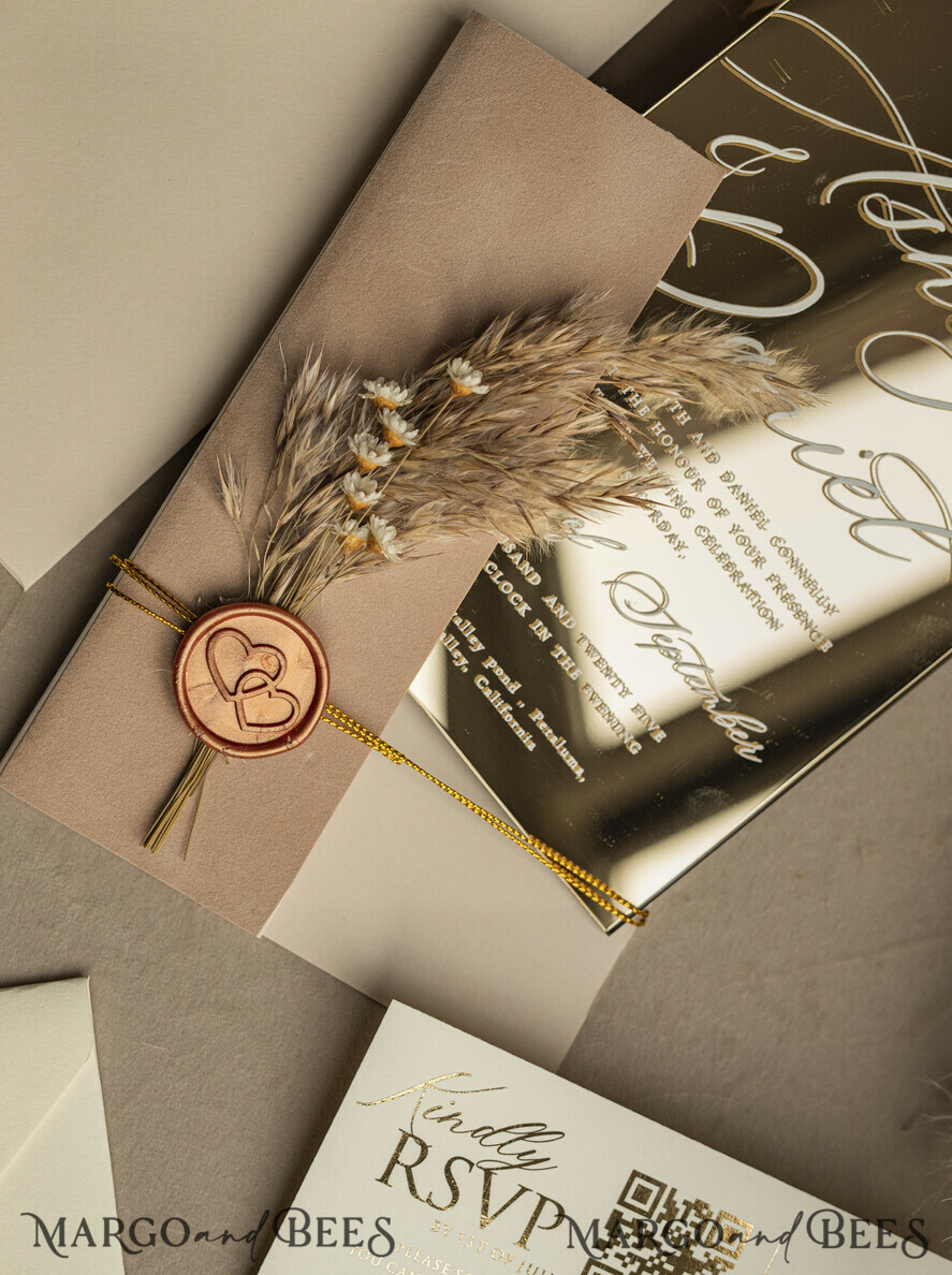 WEDDING INVITATIONS plexi acrylic mirror Beige Mirror gold Wedding Invitations, Elegant Garden Wedding Cards, Nude Acrylic Wedding Invites, Pampass Grass Gold Plexi Wedding Invitation Suite
