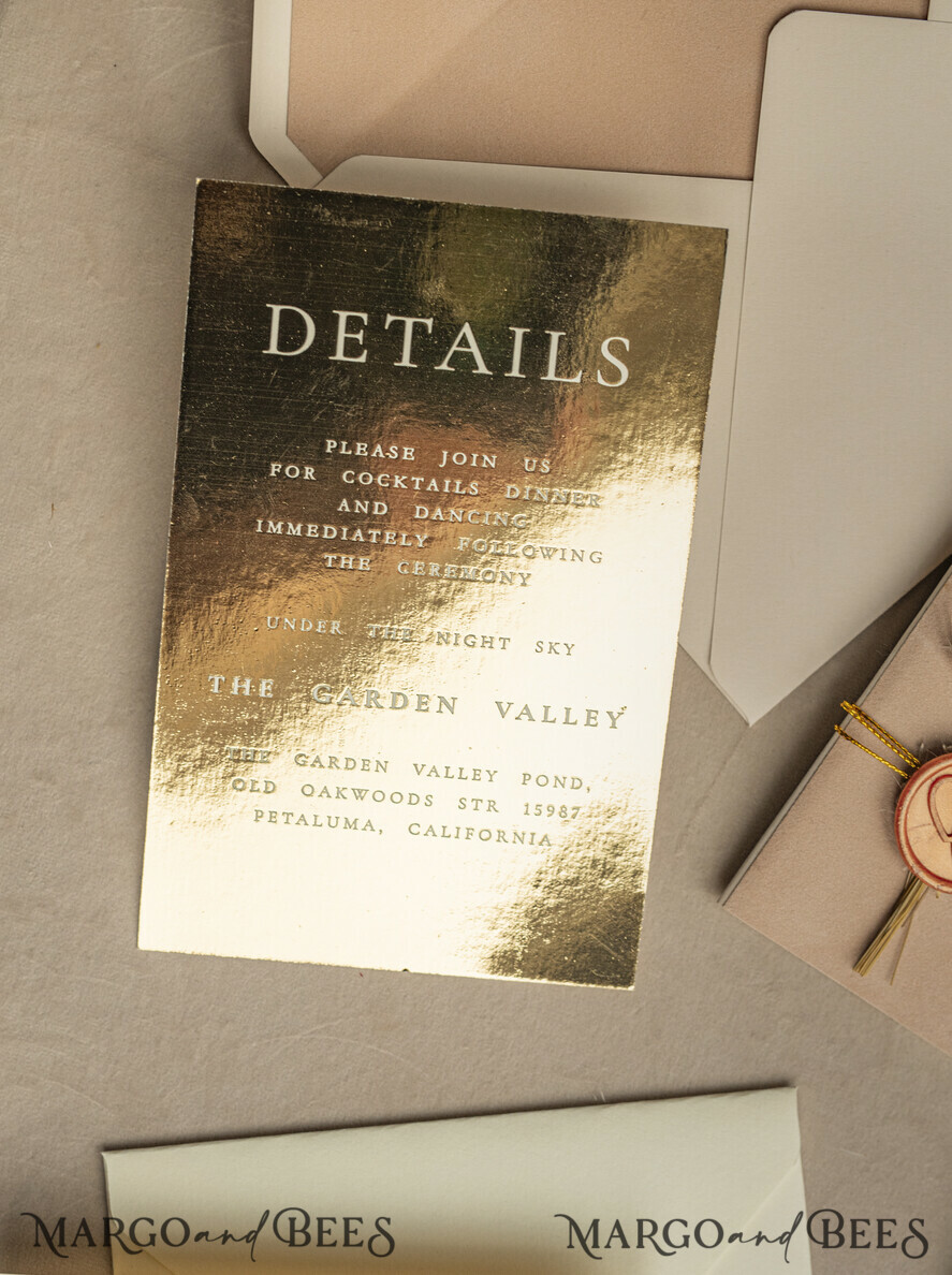 WEDDING INVITATIONS plexi acrylic mirror Beige Mirror gold Wedding Invitations, Elegant Garden Wedding Cards, Nude Acrylic Wedding Invites, Pampass Grass Gold Plexi Wedding Invitation Suite