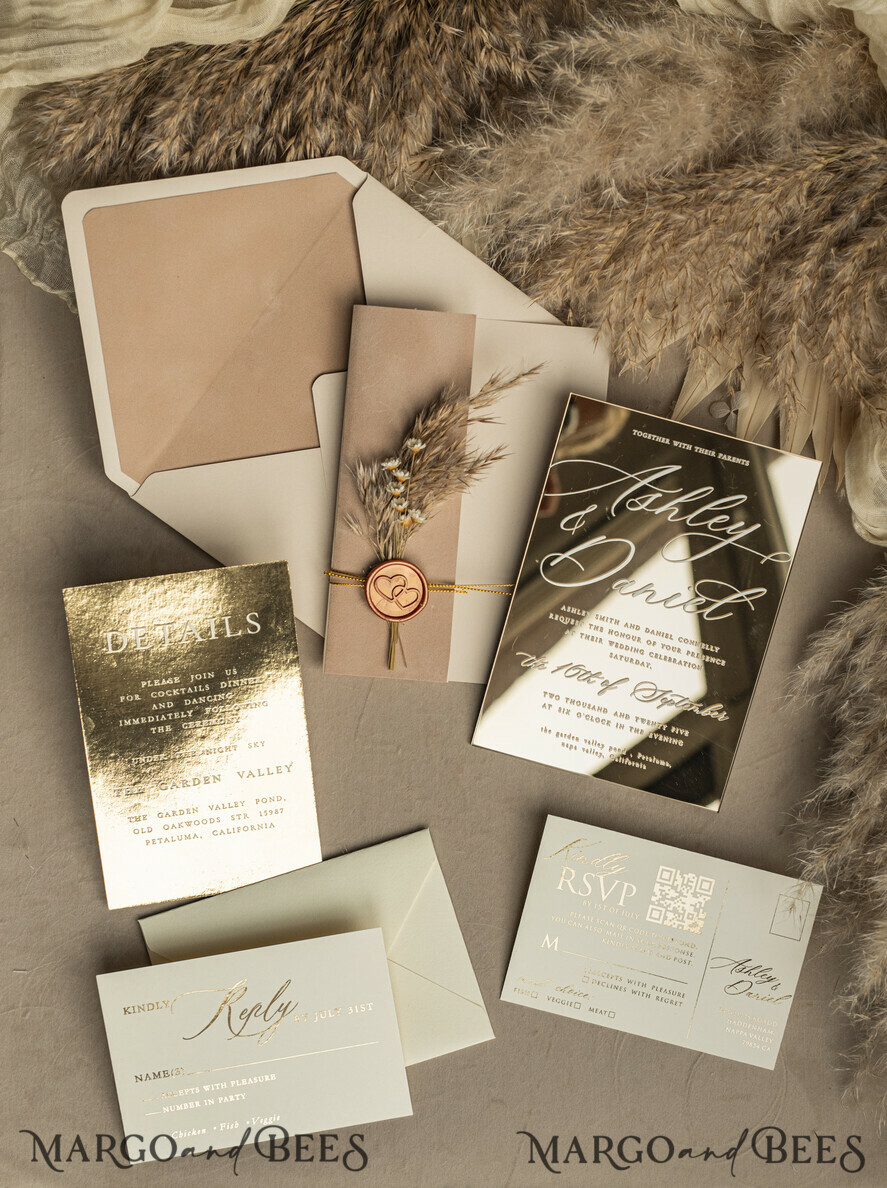 WEDDING INVITATIONS plexi acrylic mirror Beige Mirror gold Wedding Invitations, Elegant Garden Wedding Cards, Nude Acrylic Wedding Invites, Pampass Grass Gold Plexi Wedding Invitation Suite